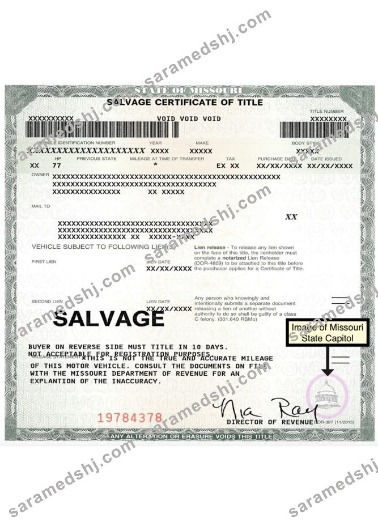 USA Missouri salvage certificate of title